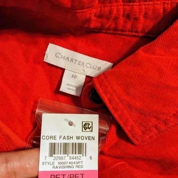 CHARTER CLUB  Women Red Pocketed Corduroy Button Up Top Petite Size PP‎ NWT - Picture 8 of 8